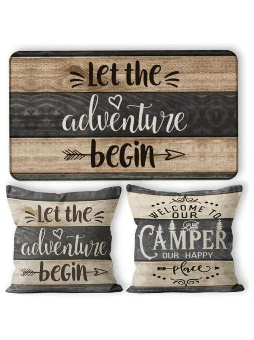 Camper Decor Set Door Mat 30x17 with 2 Pillow Covers 18x18 RV Adventure Begin